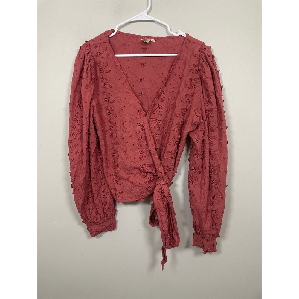 Anthropologie Seen Worn Kept Pink Eyelet Wrap Top Size 10 Feminine Boho